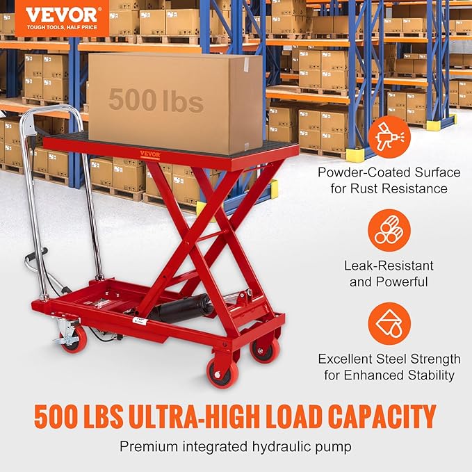 VEVOR Hydraulic Lift Table Cart, 500lbs Capacity 28.5" Lifting Height, Manual Single Scissor Lift Table with 4 Wheels and Non-Slip Pad, Hydraulic Scissor Cart for Material Handling, Red