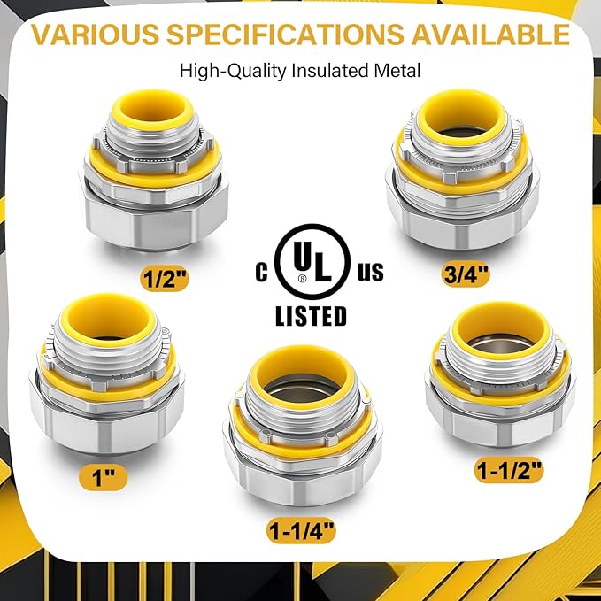 Gisafai 5 Pcs Liquid Tight Connector Straight Insulated Zinc Die Cast Metal Tight Electrical Conduit Fittings for 1-1/2 Inch Flexible and Type B Flexible