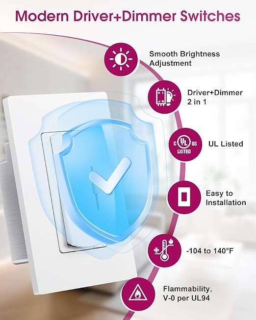 Dimmer Light Switch & 12V 120W Dimmable LED Driver 2 in 1, UL Listed Single-Pole or 3-Way Slide Dimmer Switches for Led Strip Lights,120VAC to 12VDC Power Supply for Low Voltage Project,Glossy White