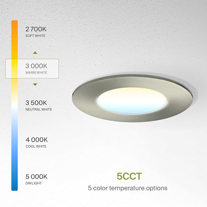 ASD 6 Pack 3 Inch LED Recessed Light 6W, 5 CCT 2700K-5000K CRI90+, IC Rated Ultra Thin Dimmable Ceiling Lights with J Box, Canless Wafer Downlight, Round Slim Panel Lighting, Energy Star ETL, Nickel