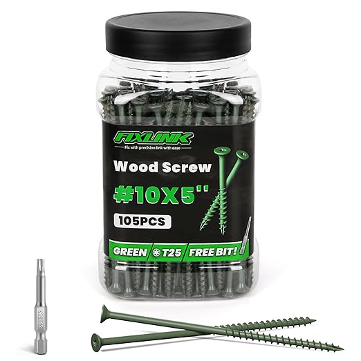 Wood Screws 5 Inch, FIXLINK Deck Screws #10 x 5, 105 PCS, Epoxy Coated, T25 Star Bit Above 1500 Hour Salt Spray Coating Outdoor Decking Screws Excellent Rust Resistant for Wood Fence, Green