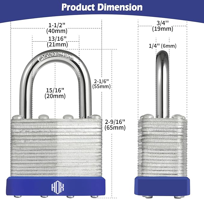HOX Locks 12-Pack Keyed-Alike Padlocks w/ 1.2” Shackle, 1-9/16” Wide Body, Hardened Steel Case Shackle Padlock, Brass Cylinder - for Hasp Latch, Sheds, Fences, Storage Locker