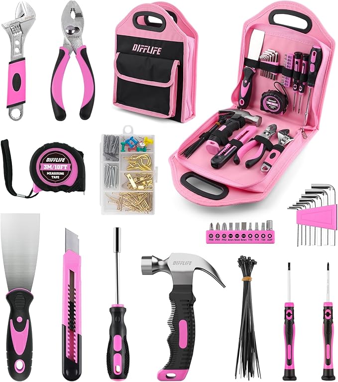 157 Piece Pink Tool Set for Women, Lady's Home Repairing Tool Kit with 13-Inch Wide Mouth Open Storage Tool Bag