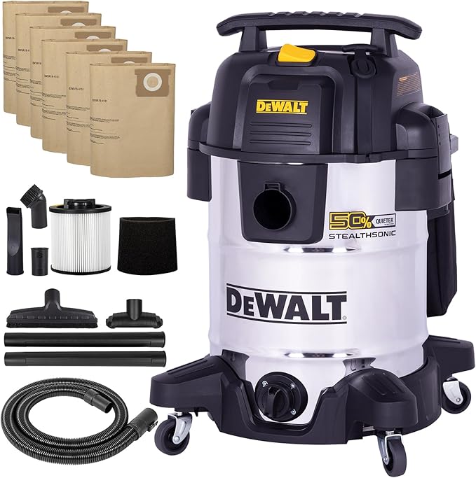 DEWALT 10 Gal Stealthsonic Shop Vacuum Wet and Dry, 5HP Heavy-Duty Stainless Steel Shop Vac, Ultra-Quiet with Complete Accessory Kit & 6 Bonus Dust Bags - Ideal for Job Sites, Workshops & Garages