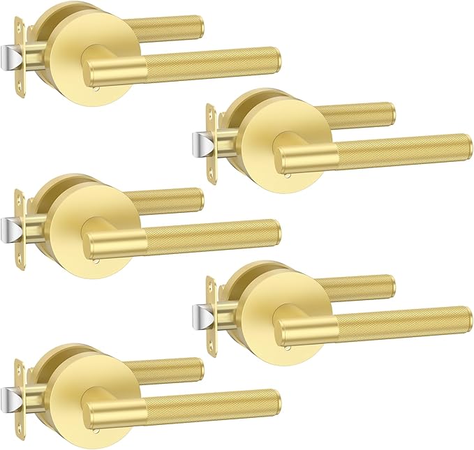 Amerdeco 5 Pack Brushed Gold Door Handles Interior, Knurled Privacy Door Handles with Lock,Heavy Duty Gold Door Lever for Bedroom or Bathroom, Reversible Keyless for Left Right Handed Doors AM0016