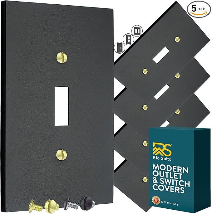 RIO SALTO Modern Metal Matte Black Toggle Light Switch Cover Metal Decorative Toggle Switch Covers Wall Plate Outlet Cover Black Wall Electric Outlet Socket Togle - Midsize 1 Gang 5-Pack