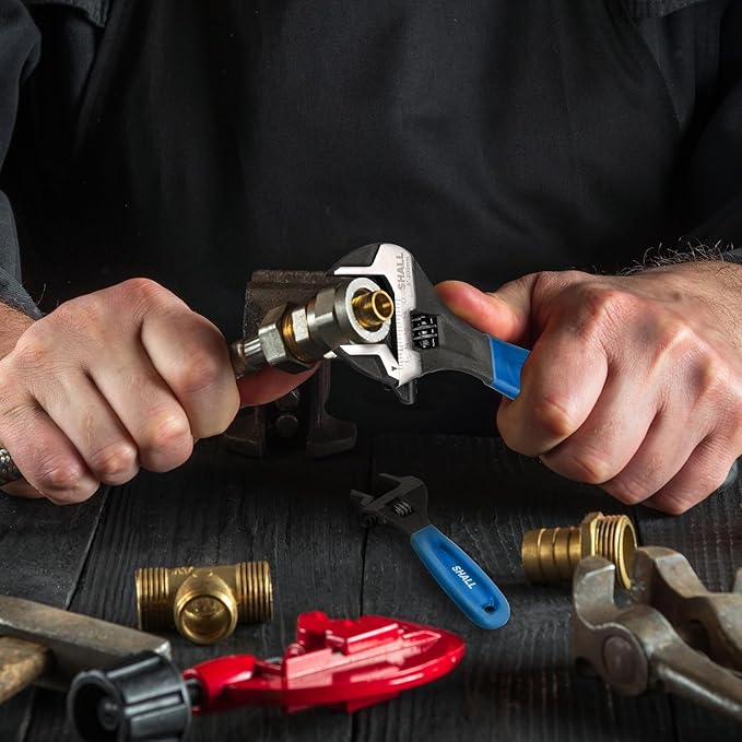 SHALL 3-Piece Adjustable Wrench Set, 10/8/6 Inch Cr-V Steel Wrench with Cushion Grip, Wide Jaw Black Oxide Wrench with Laser-etched SAE Scales for Home, Garage, Workshop and DIY, Dark Blue