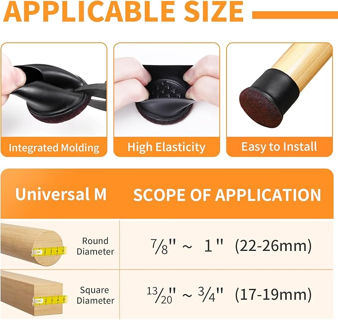 Ezprotekt 24 Pcs Round Silicone Chair Leg Floor Protectors with Felt, Floor Protectors for Chairs, Felt Furniture Pads Cups for Hardwood Floors, Chair Leg Caps Covers (M Fit: 0.87"-1", Black)