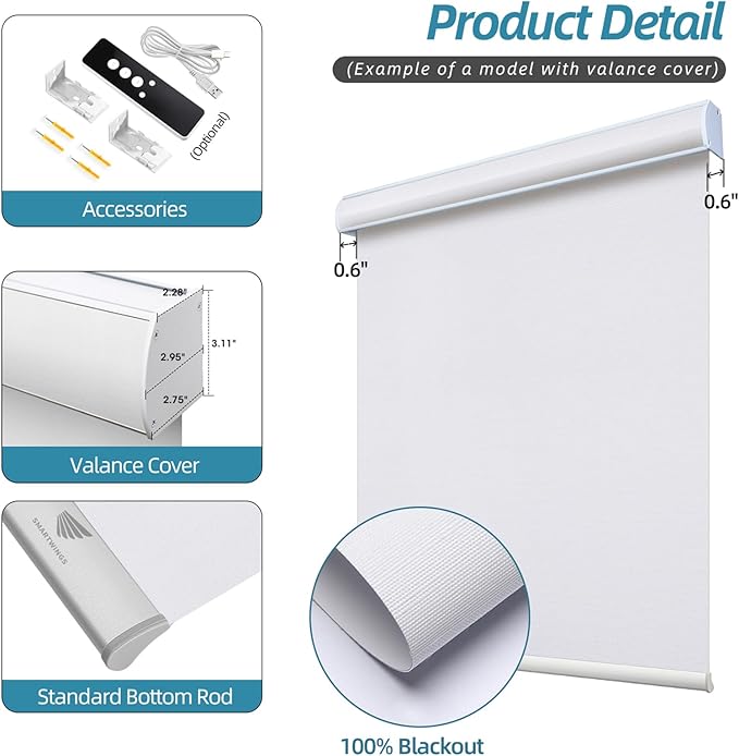 SmartWings Motorized Smart Blinds with Remote, Custom Automatic 100% Blackout Roller Shade Compatible with Alexa/Homekit/Google, Electric Smart Blinds for Indoor Windows, Essential White