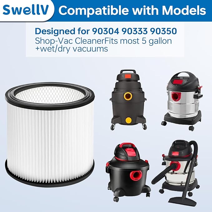 90304 Replacement Filter Compatible with Shop-Vac Shop Vac 90304, 90350, 90333,903-04-00, 9030400,fits most 5 Gallon and above Wet/Dry Vacuum Cleaners (2 Pack)