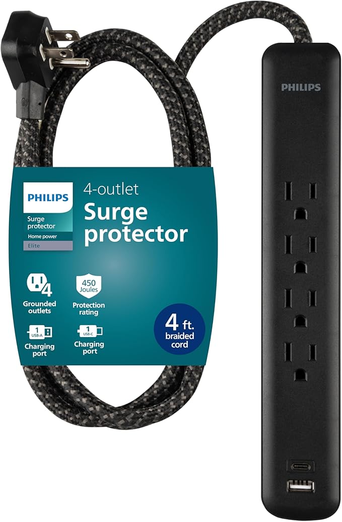 Philips 4-Outlet Surge Protector, 4ft Braided Cord, 1-USB-C, 1-USB-A, Extension Cord, Power Strip, for Home, School, or Office, 15W, 450J, Black, SPP3393B/37