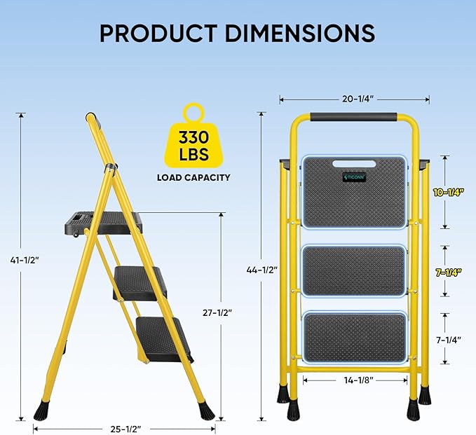 TICONN 3 Step Ladder, Heavy Duty Foldable Step Stool, Portable Steel Folding Stool for Household Garage Storage (Yellow)