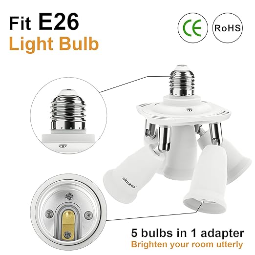 DiCUNO 5 in 1 E26 Light Socket Splitter Adapter, Standard Base LED Bulbs Converter, 360 Degrees Adjustable 180 Degree Bending, 5 Way Bulbs Socket Holder