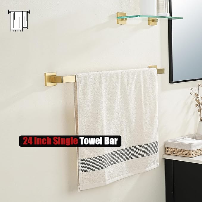 JQK Gold Towel Bar, Rounded Edges 29.41 Inch Towel Rack, 304 Stainless Steel Bathroom Wall Mount, Useable Length 27 Inch, TB250L27-BG