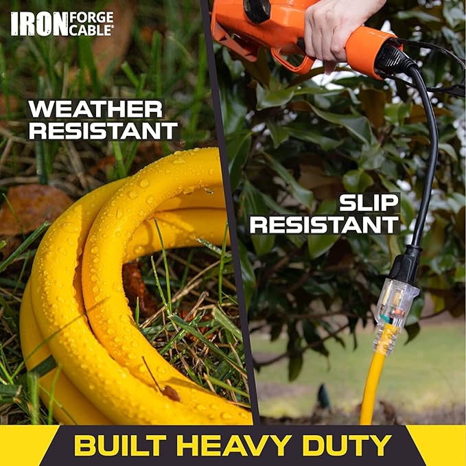 Iron Forge Cable Lighted Outdoor Extension Cord 50 ft - 14 Gauge 15 Amp Heavy Duty Power Extension Cords - SJTW - Great for Major Appliances, Power Tools, Garden Supplies - Yellow