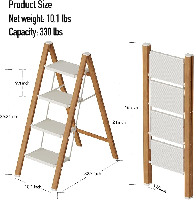 4 Step Lightweight Aluminum Folding Ladder, Portable Step Stool with Anti-Slip Pedals, 330 lbs Capacity for Home, Office, Kitchen(White&Woodgrain)