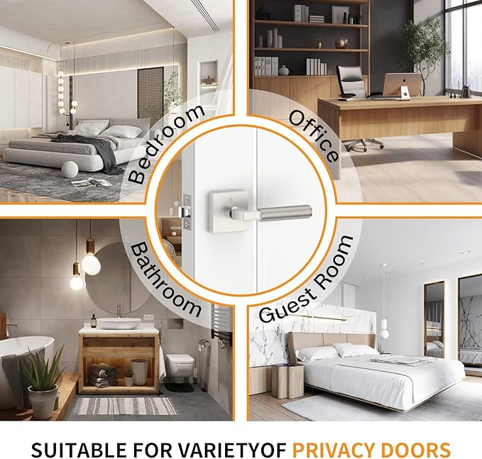 Amerdeco 3 Pack Privacy Door Handles, Brushed Satin Nickel Interior, Knurled Lever, Heavy Duty for Bedroom and Bathroom, Reversible Keyless for Right & Left Side AM0021