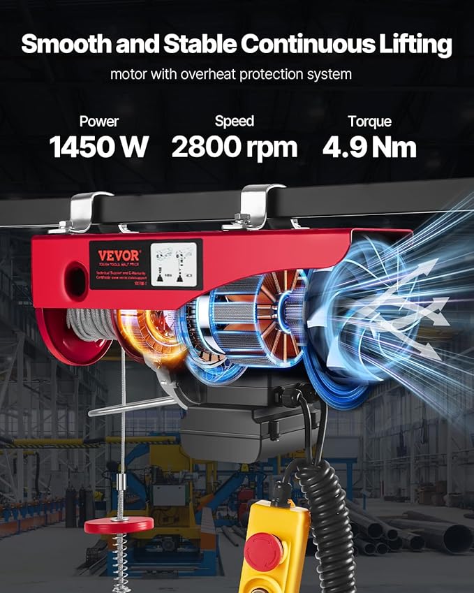 VEVOR Electric Hoist 1760lbs with 14ft Wired Remote Control, Electric Hoist 110 Volt with 40ft Single Cable Lifting Height Motor, for Garage Warehouse Factory