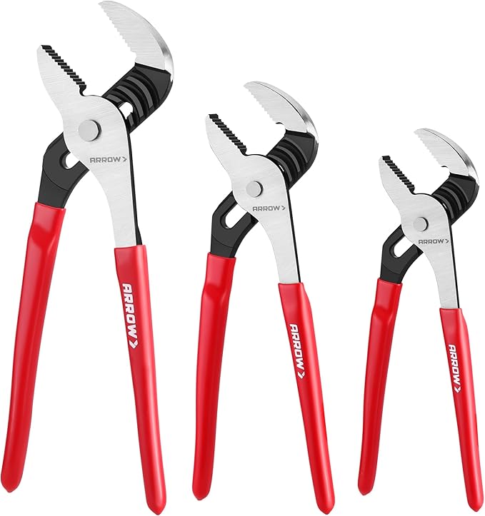 ARROW 3-Piece Groove Joint Pliers Set, Adjustable Water Pump Pliers Set (8", 10", 12") with 5 & 7 Jaw Positions, Serrated Jaws and Comfort Dip-grip Handle, for Plumbing Repair & Home Maintenance