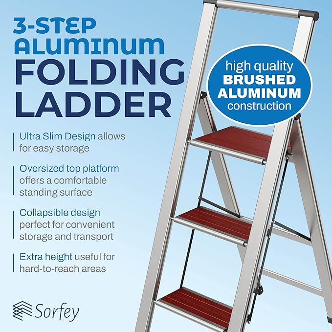 Step Ladder 3 Step Folding, Decorative - Beautiful Mahogany & Silver Aluminum, Ultra Slim Profile, Anti Slip Steps, Sturdy-Portable for Home, Office, Kitchen, Photography Use,by SORFEY