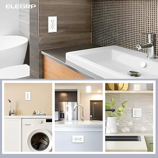 ELEGRP GFCI Outlet 20 Amp, Self-Test GFI Electrical Outlet with Narrow Design, GFCI Receptacle with LED Indicator, UL Listed, White, Wall Plate Included, 2 Pack