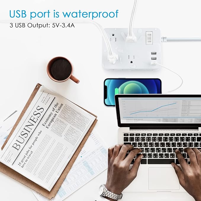 Jgstkcity Outdoor Waterproof Power Strip, 4 Flat Plug Outlets and 3 USB Ports, Mountable Weatherproof Surge Protector, Multi Outlet Extension for Camping, Garden, Kitchen, Bathroom, 6ft Cord (Grey)