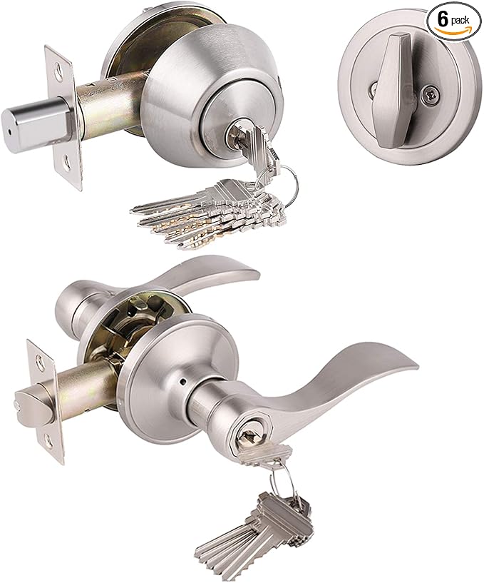 Gobrico 6 Keyed-Alike Entry Lever and Single Cylinder Deadbolt Combination Locksets, Satin Nickel Finished, Front Door Handle and Deadbolt with Same Key