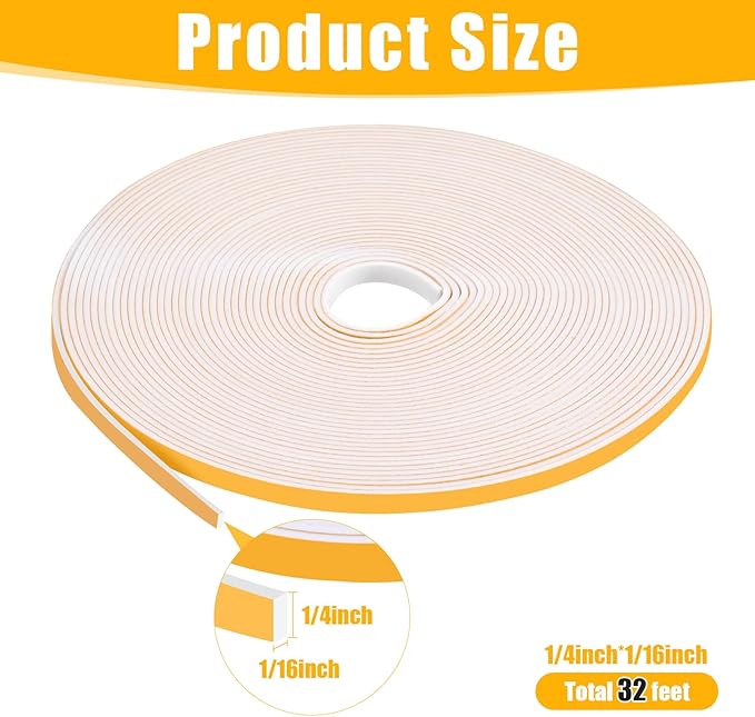 32Feet Weather Stripping Seal 1/4 Inch X 1/16 Inch for Door Window, High Density Foam Tape, Soundproofing, Insulation Strip, Door Sealers for Door Frame- White
