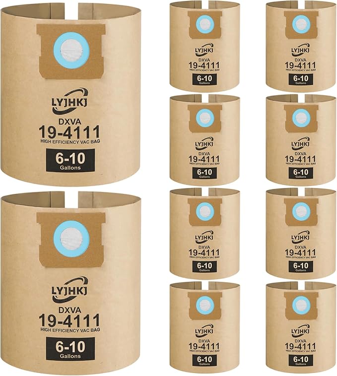 10 Pack DXVA19-4111, DXVA19-4101 Vacuum Bags for DEWALT 6 to 10 Gallon Wet/Dry Vacuum, Disposable Shop Vac Bags, Dust Collection Bag Replacement