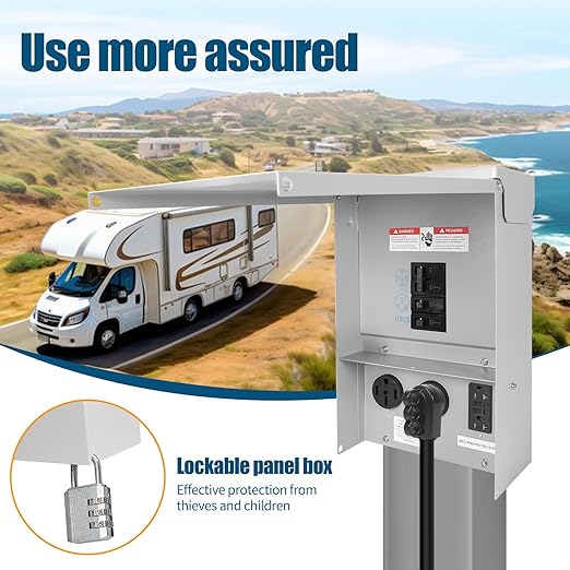 RV Electrical Outlet Panel with Breaker Temporary Power Outlet Panel RV Circuit Breaker Box with 20,30,50-Amp Receptacle Installed Weatherproof RV Power Outlet Box