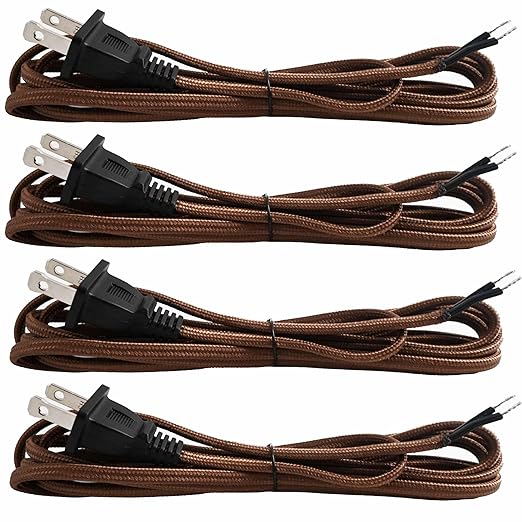 8 Feet Rayon Cloth Covered Replacement Lamp Cord with End Plug for Antique Lamp Repair DIY Project, SPT-1 Electric Wire,18 AWG, Stripped Ends,4 Pack,Brown Color