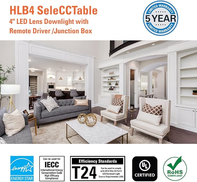 HALO HLB 4 inch LED Recessed Light, Thin Canless, Dimmable, w/Selectable Color Temperatures - HLB4069FS1EMWR