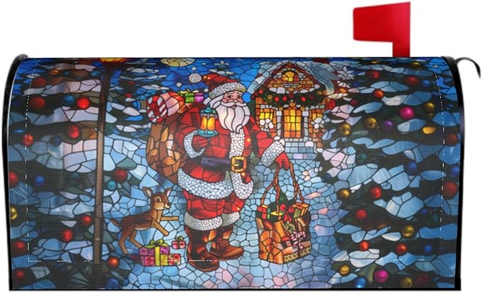 Giwawa Stained Glass Santa Claus Mailbox Cover Magnetic Standard Size 18 x 21 Holiday Mailbox Xmas Decorations Winter Reindeer