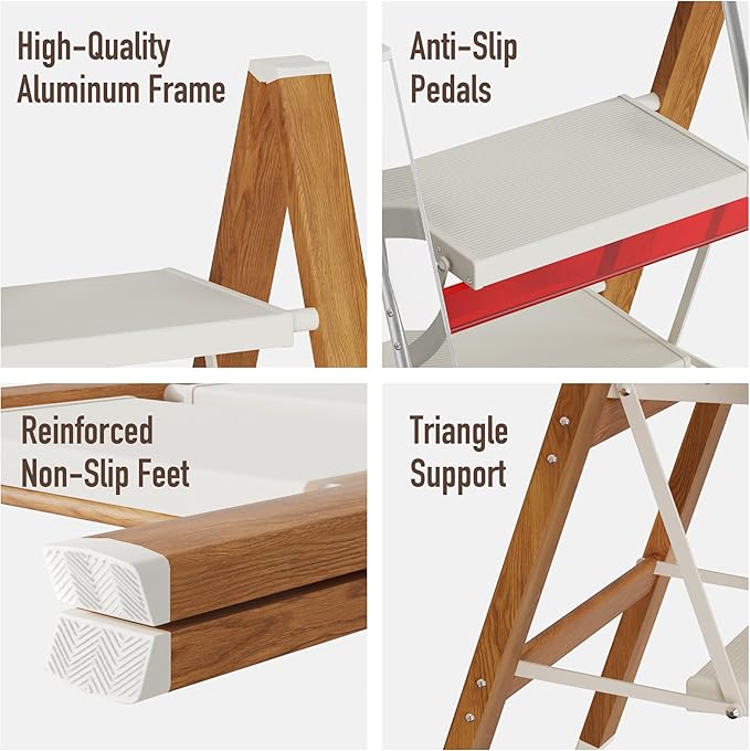 3 Step Lightweight Aluminum Folding Ladder, Portable Step Stool with Wide Anti-Slip Pedals, 330 lbs Capacity for Home,Cleaning Tasks(White&Woodgrain)