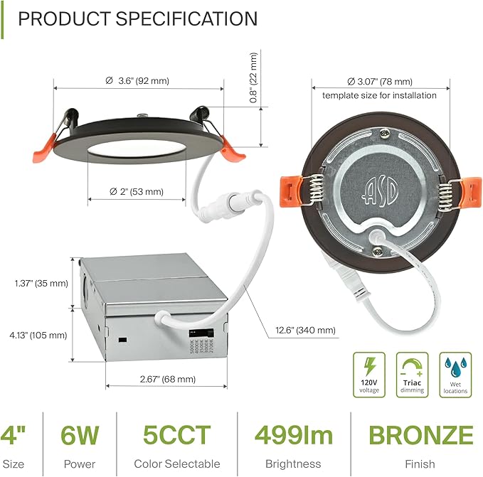 ASD 6 Pack 3 Inch LED Recessed Light 6W, 5 CCT 2700K-5000K CRI90+, IC Rated Ultra Thin Dimmable Ceiling Lights with J Box, Canless Wafer Downlight, Round Slim Panel Lighting, Energy Star ETL, Bronze