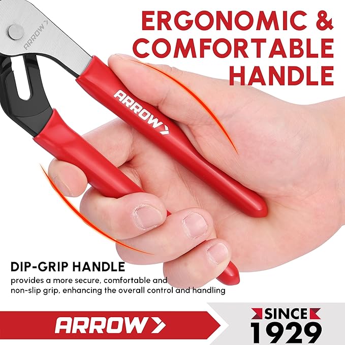 ARROW Groove Joint Pliers, 8" Adjustable Water Pump Pliers with 5 Jaw Positions, Serrated Jaws and Comfort Dip-grip Handle, Ideal for Plumbing Repair and Home Maintenance