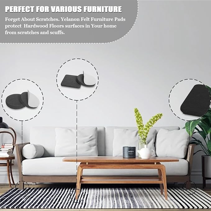 Yelanon Felt Furniture Pads -182 Pcs Premium Felt Pads for Chair Legs Furniture, Floor Protectors for Hardwood Floors,Black & Brown