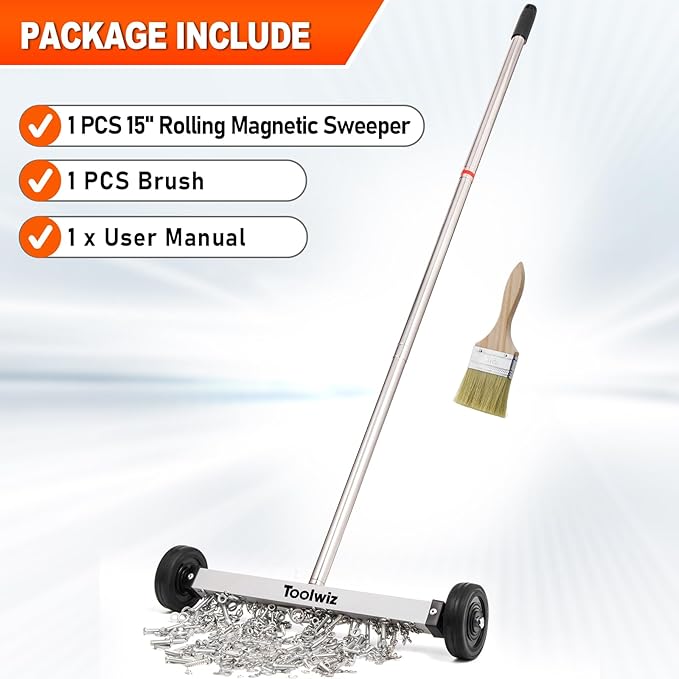 Toolwiz Magnetic Pick Up Sweeper 15-inch Heavy Duty Magnet Pickup Lawn Sweeper Roofing Tools, 10 Lbs Yard Tools with Telescoping Holder and Wheels to Clean Nails Adjustable Handle for Construction