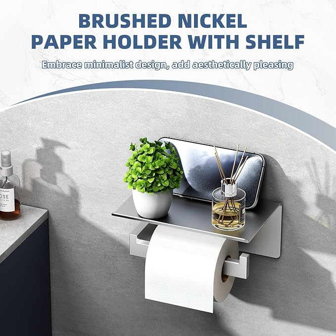 APLusee Brushed Nickel Toilet Paper Holder with Phone Shelf, 304 Stainless Steel Toilet Tissue Roll Holder, Wall Mounted Bathroom Paper Roll Dispenser
