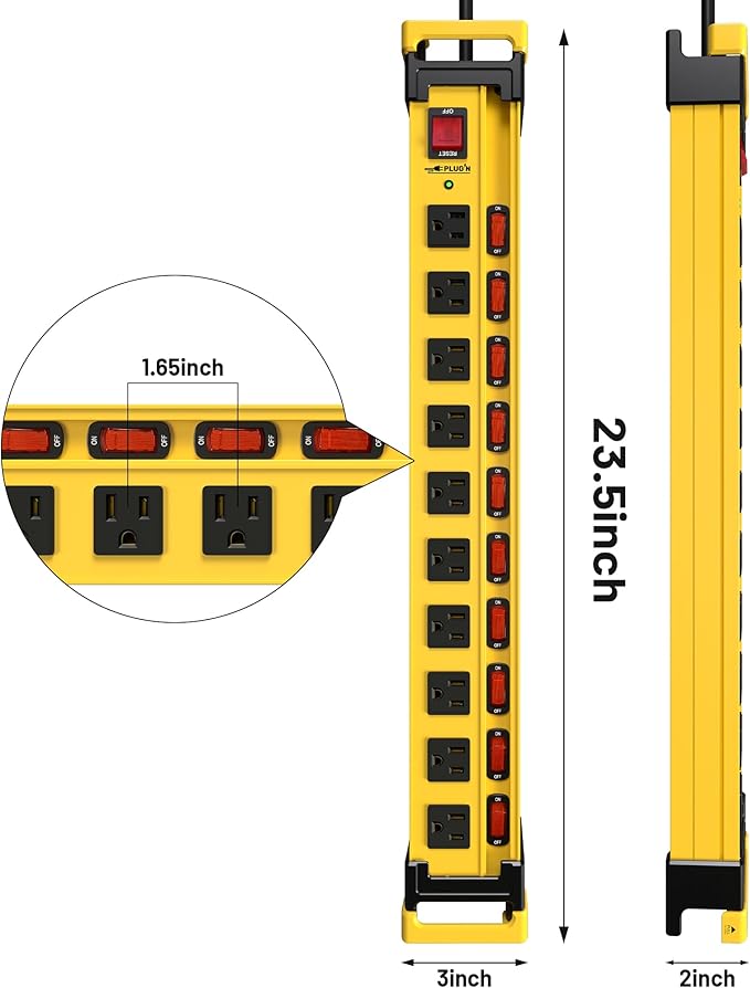 Power Strip 10 Outlet,3300J Surge Protector with Individual Switches,9FT Cord 14AWG/15AMP/1875W,Metal Heavy Duty Power Strip with Cord Manager,for Workshop,Garage,Shop,Home