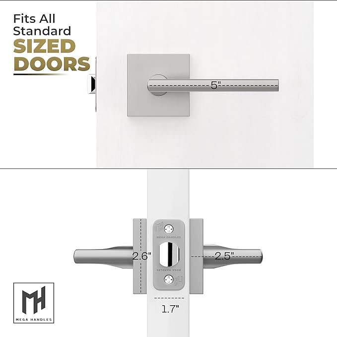 Mega Handles Prime Passage Lever Door Handle for Closet or French Doors, Single Side Door Levers, Fits All Standard Door Sizes, Covered Screws Included - Satin Nickel (1 Pack) 5"