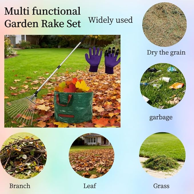 Garden Rake for Leaves with Telescoping Long Handle 33-63" & Adjustable Head 8-22" - Heavy Duty Metal Rake Kit with 16 Gallon Leaf Bag & Gloves, for Yard, Shrubs, Grass, Debris