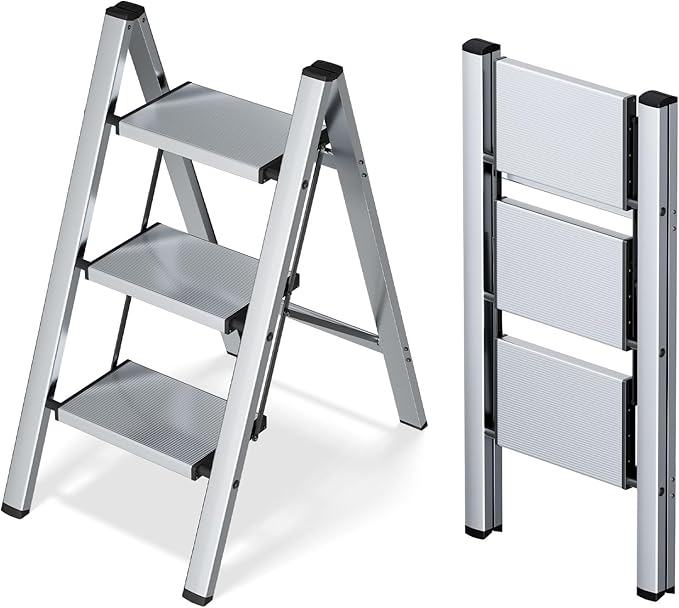 Taranta 3 Step Ladder,Aluminum Lightweight Folding 3 Step Stool with Anti-Slip Wide Pedal,330lbs Capacity Step Ladder for Household,Kitchen,Office - Silver