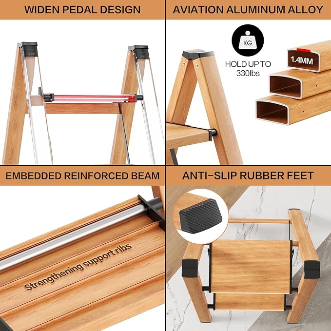 GameGem 2 Step Ladder, Aluminum Folding Step Stool with Anti-Slip Sturdy and Wide Pedal, Lightweight Portable Multi-Use Stepladder for Home and Kitchen Use Space Saving, Woodgrain, 330 lbs