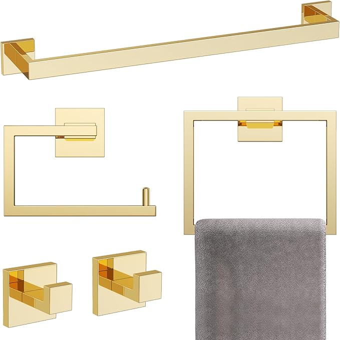YACVCL 5-Piece Bathroom Hardware Accessories Set 23.6 inch Towel Bar Set Modern Towel Rack Set Stainless Steel Wall Mounted Bathroom Towel Holder Set(Bright Gold)