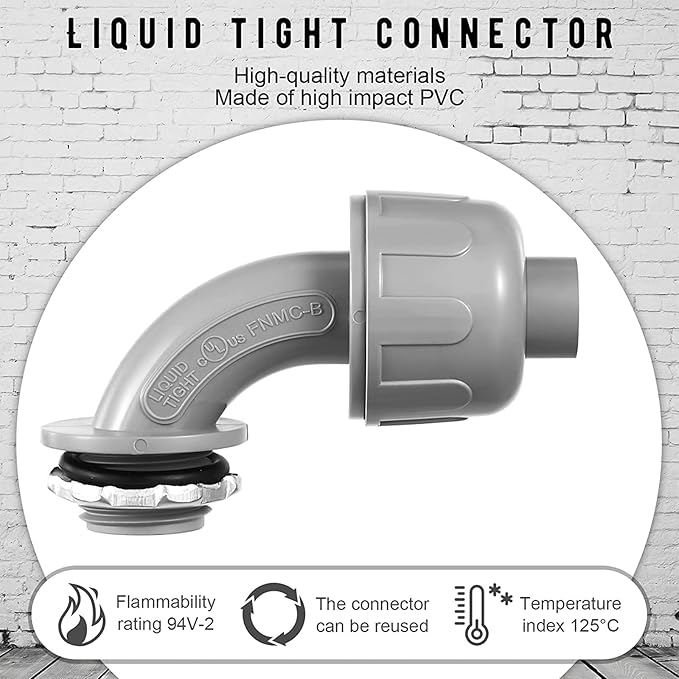 Yaomiao 50 Pcs 1/2 Inch Liquid Tight Connector PVC Electrical Conduit Fittings Straight 90 Degree Flexible Conduit Connector for Home Bathroom Tube Tool Supplies, Grey(50 Pcs)