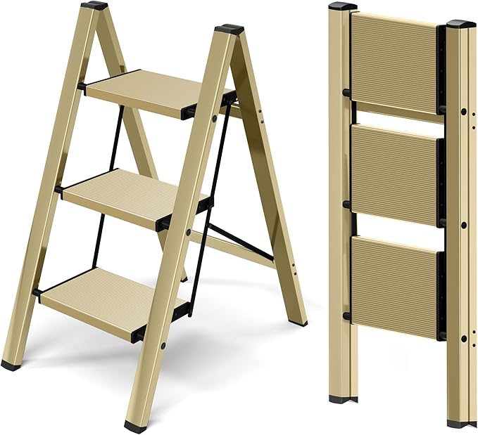 3 Step Ladder,Aluminum Folding Step Stool for Adults,Step Ladder with Wide Anti-Slip Pedal,330 lbs Capacity for Home,Office,Kitchen,Library(Gold)