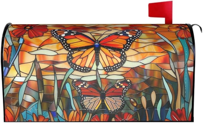 Giwawa Stained Glass Monarch Butterfly Magnetic for Fall Mailbox Cover Autumn Mail Box Covers Standard Size 18 x 21 Thanksgiving Decorations Outdoor Welcome Mailbox Wrap
