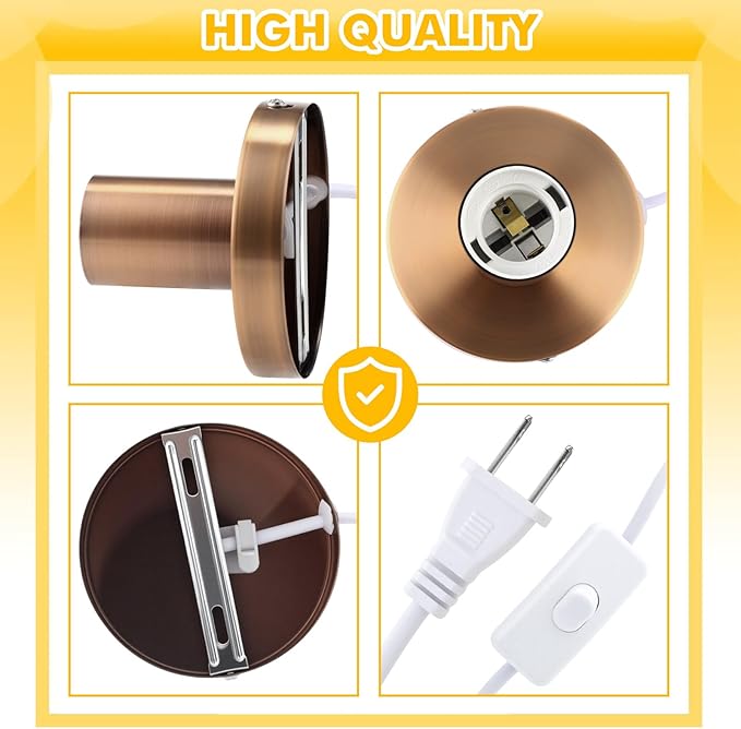 Tuanse 2 Pcs Polished Metal Desktop Lamp Base E26 E27 Screw Light Bulb Holder Sockets Night Light Base Lamp Replacement for Holding Bulb 6 Feet Cord on Off Switch Plug (Copper,Aluminum)