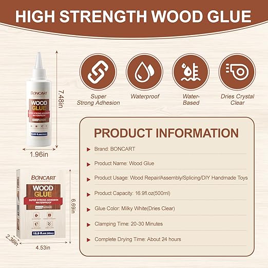 Wood Glue, 8.45fl.oz Super Strong Adhesion Wood Glue for Furniture Heavy Duty, Clear After Drying, Waterproof, for Woodworking, Crafts, Repair, Furniture Assembly (2 Pack)